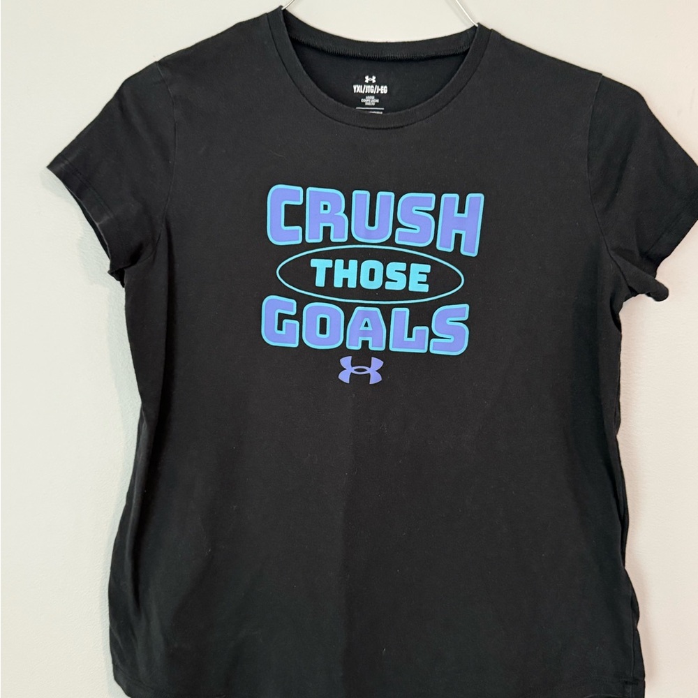 Under Armour Girls Black Tee with saying  “Crush those goals” XL